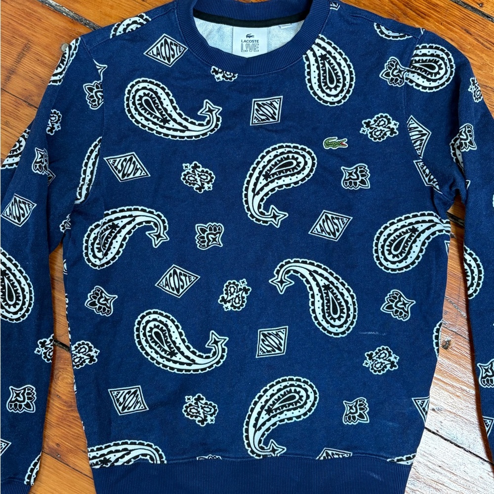 Lacoste Navy Crewneck Sweater with Cream Paisley Print